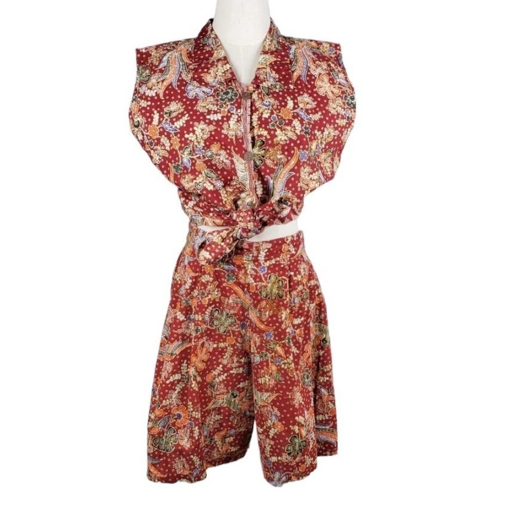 Vintage Batik Outfit‎ Set XL Rust Oriental Floral Sleeveless Top Shorts